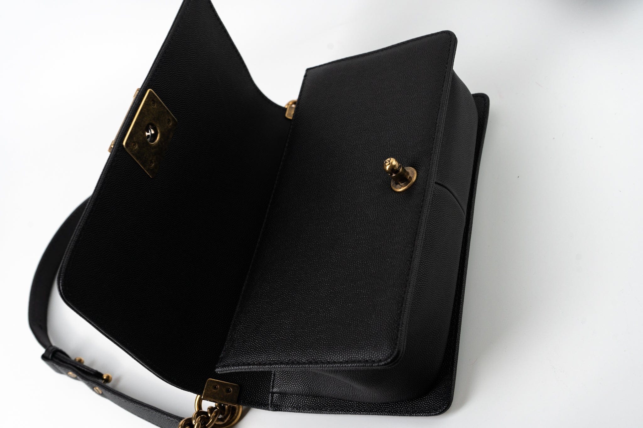 CHANEL Crossbody Black Caviar Chevron Boy Bag Medium Entwined Leather Aged Gold Hardware - Redeluxe