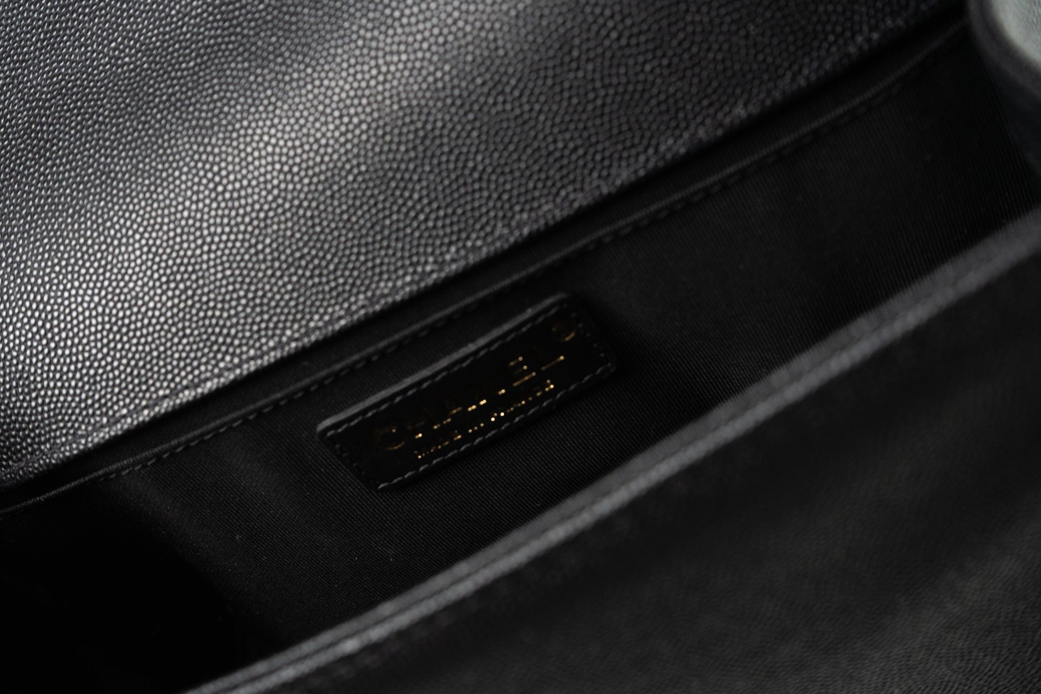 CHANEL Crossbody Black Caviar Chevron Boy Bag Medium Entwined Leather Aged Gold Hardware - Redeluxe