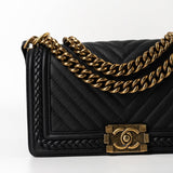 CHANEL Crossbody Black Caviar Chevron Boy Bag Medium Entwined Leather Aged Gold Hardware - Redeluxe