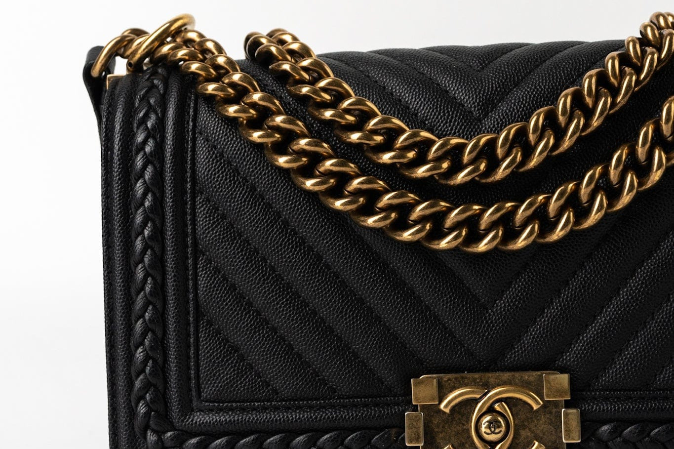 CHANEL Crossbody Black Caviar Chevron Boy Bag Medium Entwined Leather Aged Gold Hardware - Redeluxe