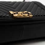 CHANEL Crossbody Black Caviar Chevron Boy Bag Medium Entwined Leather Aged Gold Hardware - Redeluxe