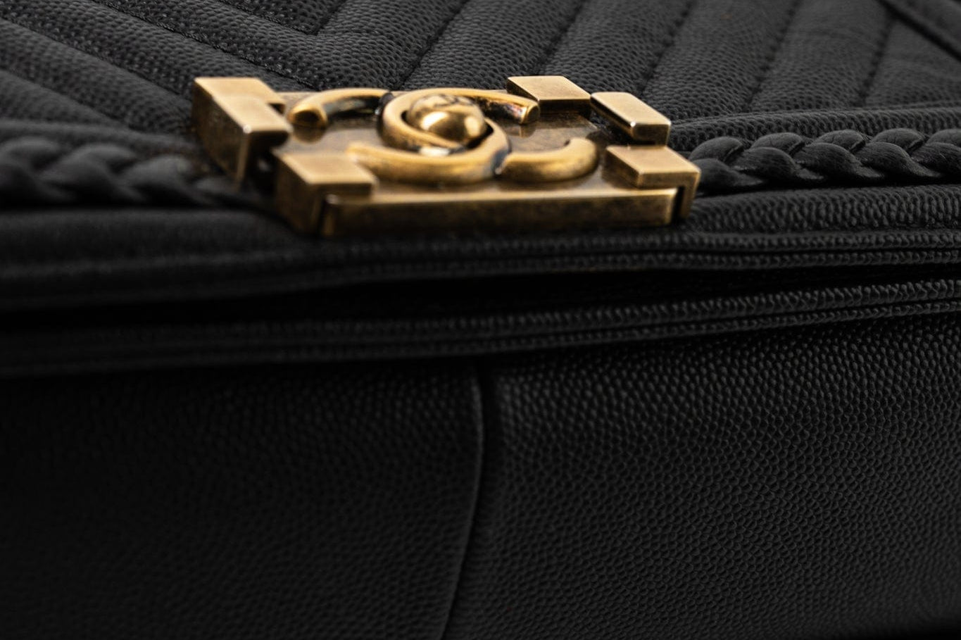 CHANEL Crossbody Black Caviar Chevron Boy Bag Medium Entwined Leather Aged Gold Hardware - Redeluxe