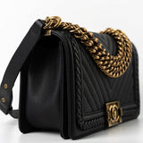 CHANEL Crossbody Black Caviar Chevron Boy Bag Medium Entwined Leather Aged Gold Hardware - Redeluxe