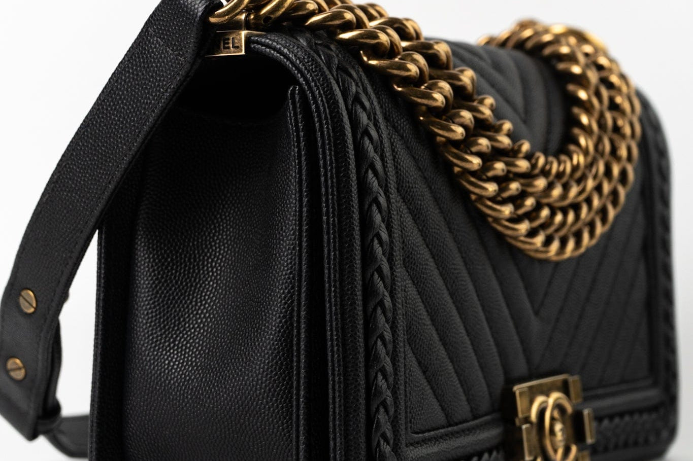 CHANEL Crossbody Black Caviar Chevron Boy Bag Medium Entwined Leather Aged Gold Hardware - Redeluxe