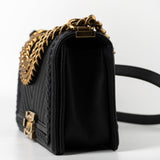 CHANEL Crossbody Black Caviar Chevron Boy Bag Medium Entwined Leather Aged Gold Hardware - Redeluxe