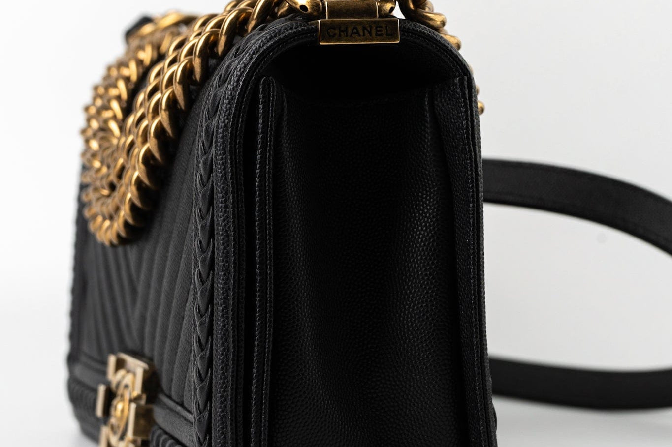 CHANEL Crossbody Black Caviar Chevron Boy Bag Medium Entwined Leather Aged Gold Hardware - Redeluxe