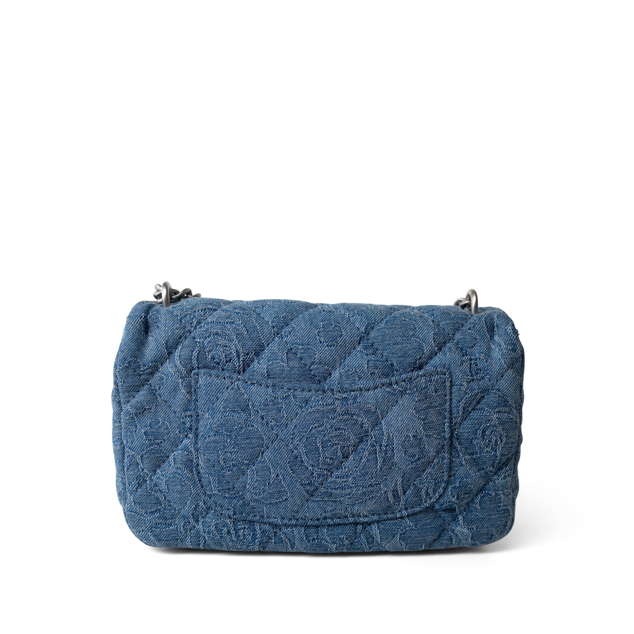 CHANEL Crossbody Single flap Blue Denim Quilted Camelia Mini Flap Aged Silver Hardware - Redeluxe