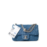 CHANEL Crossbody Single flap Blue Denim Quilted Camelia Mini Flap Aged Silver Hardware - Redeluxe