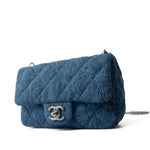 CHANEL Crossbody Single flap Blue Denim Quilted Camelia Mini Flap Aged Silver Hardware - Redeluxe