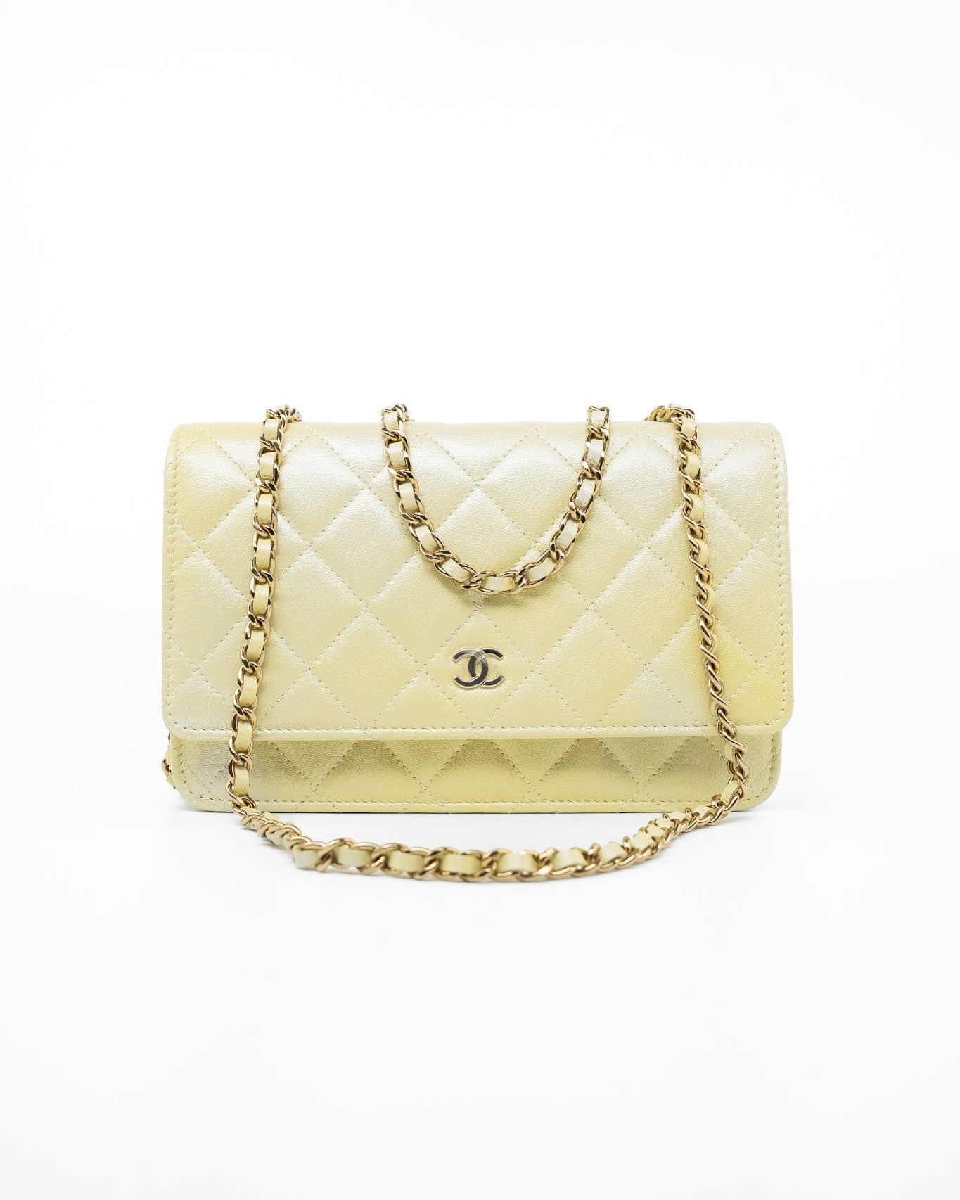 CHANEL Crossbody Yellow 23S Iridescent Yellow Lambskin Quilted Wallet On Chain (WOC) Light Gold Hardware - Redeluxe