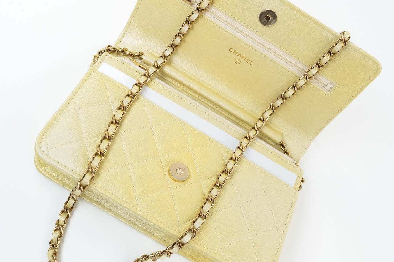 CHANEL Crossbody Yellow 23S Iridescent Yellow Lambskin Quilted Wallet On Chain (WOC) Light Gold Hardware - Redeluxe