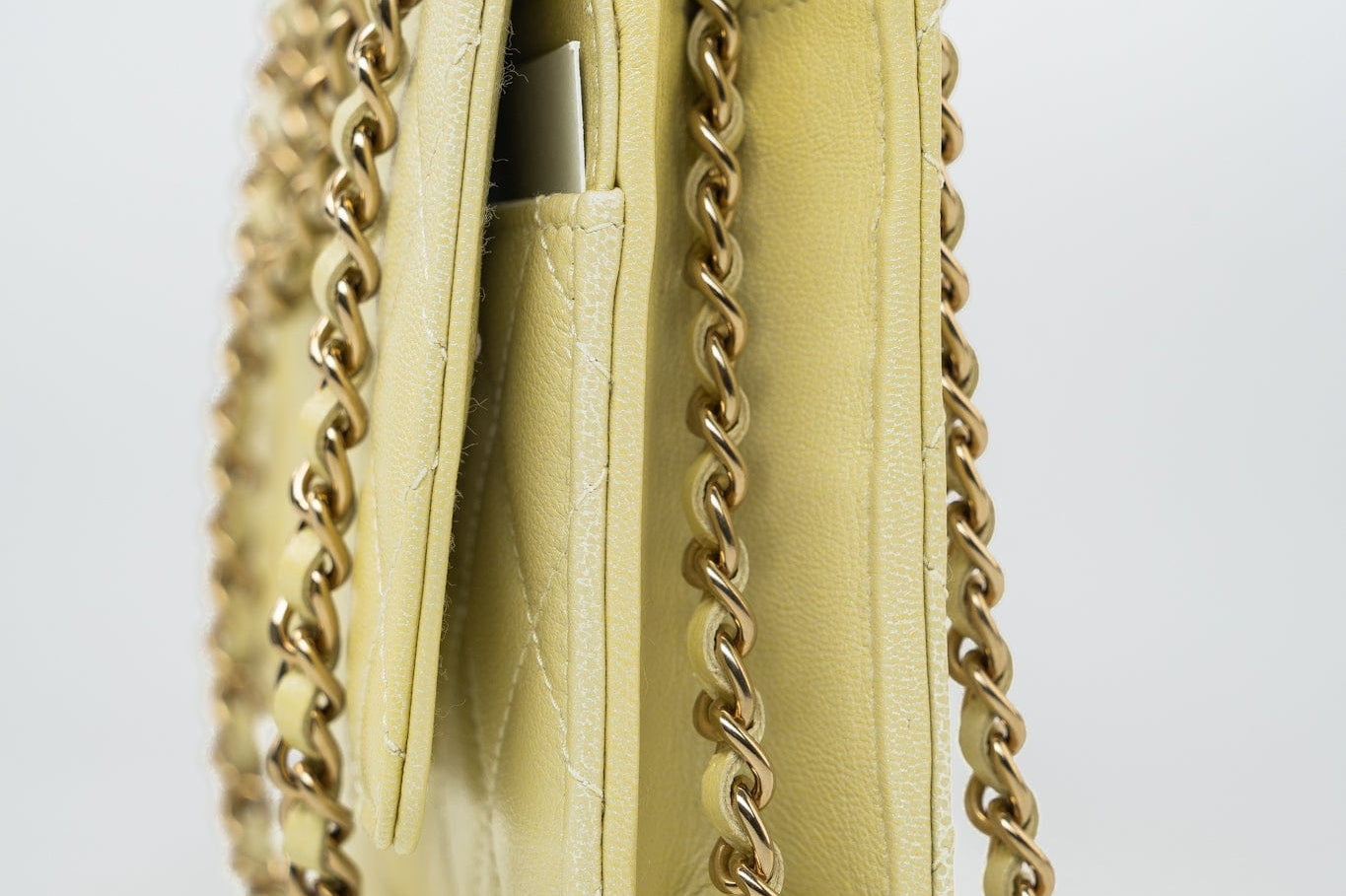 CHANEL Crossbody Yellow 23S Iridescent Yellow Lambskin Quilted Wallet On Chain (WOC) Light Gold Hardware - Redeluxe
