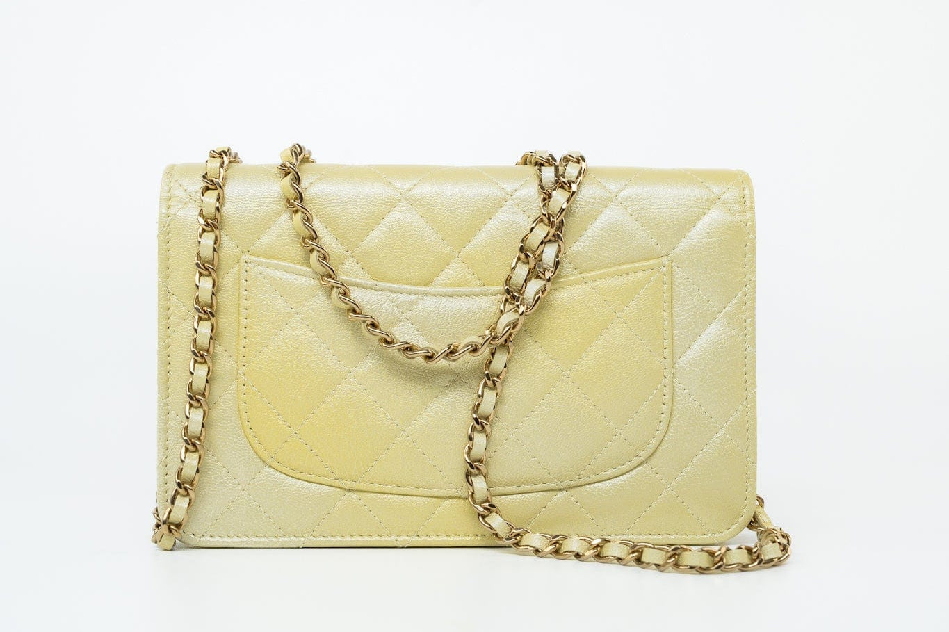 CHANEL Crossbody Yellow 23S Iridescent Yellow Lambskin Quilted Wallet On Chain (WOC) Light Gold Hardware - Redeluxe