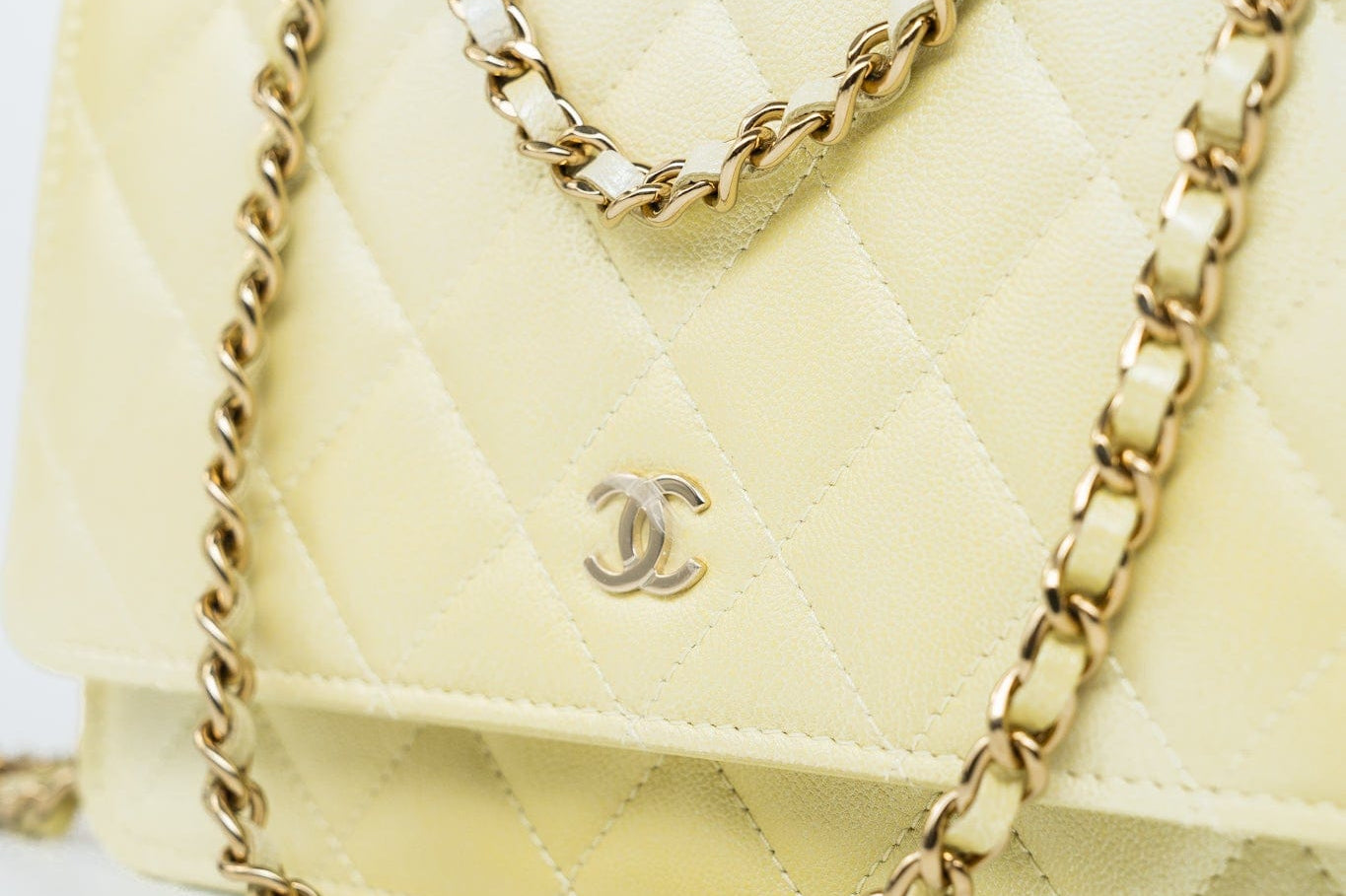 CHANEL Crossbody Yellow 23S Iridescent Yellow Lambskin Quilted Wallet On Chain (WOC) Light Gold Hardware - Redeluxe