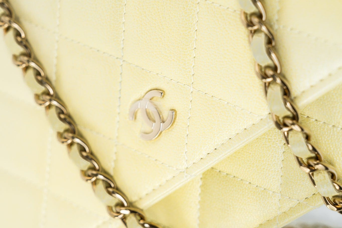 CHANEL Crossbody Yellow 23S Iridescent Yellow Lambskin Quilted Wallet On Chain (WOC) Light Gold Hardware - Redeluxe