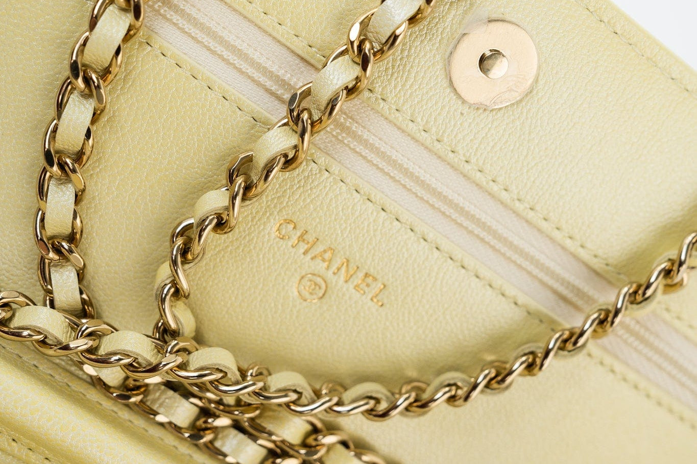 CHANEL Crossbody Yellow 23S Iridescent Yellow Lambskin Quilted Wallet On Chain (WOC) Light Gold Hardware - Redeluxe