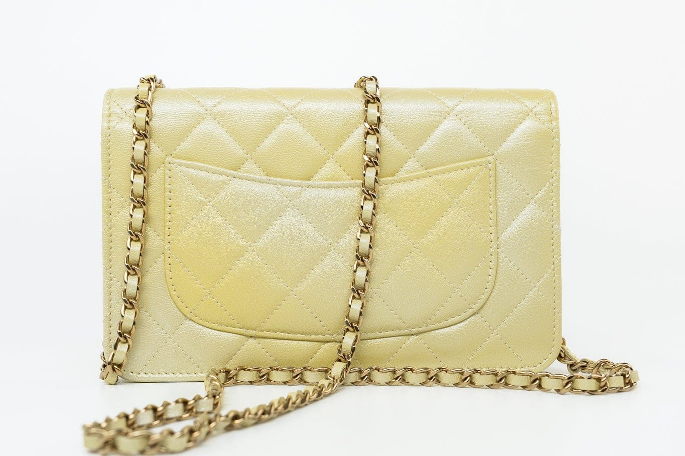CHANEL Crossbody Yellow 23S Iridescent Yellow Lambskin Quilted Wallet On Chain (WOC) Light Gold Hardware - Redeluxe