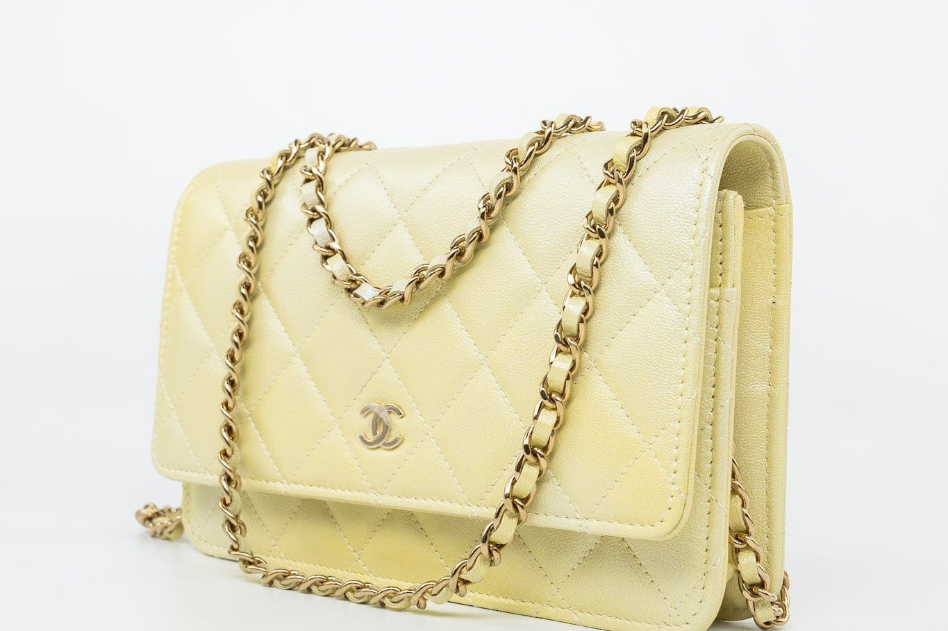 CHANEL Crossbody Yellow 23S Iridescent Yellow Lambskin Quilted Wallet On Chain (WOC) Light Gold Hardware - Redeluxe