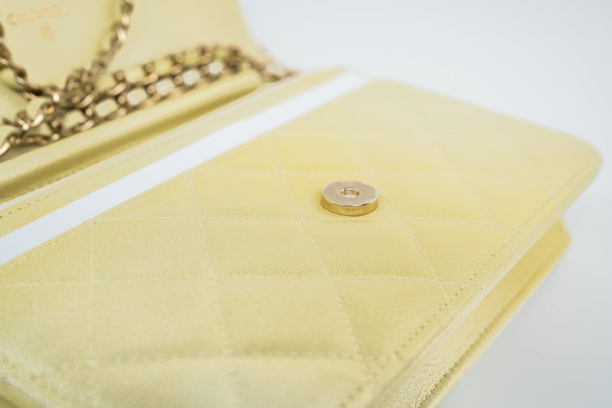 CHANEL Crossbody Yellow 23S Iridescent Yellow Lambskin Quilted Wallet On Chain (WOC) Light Gold Hardware - Redeluxe