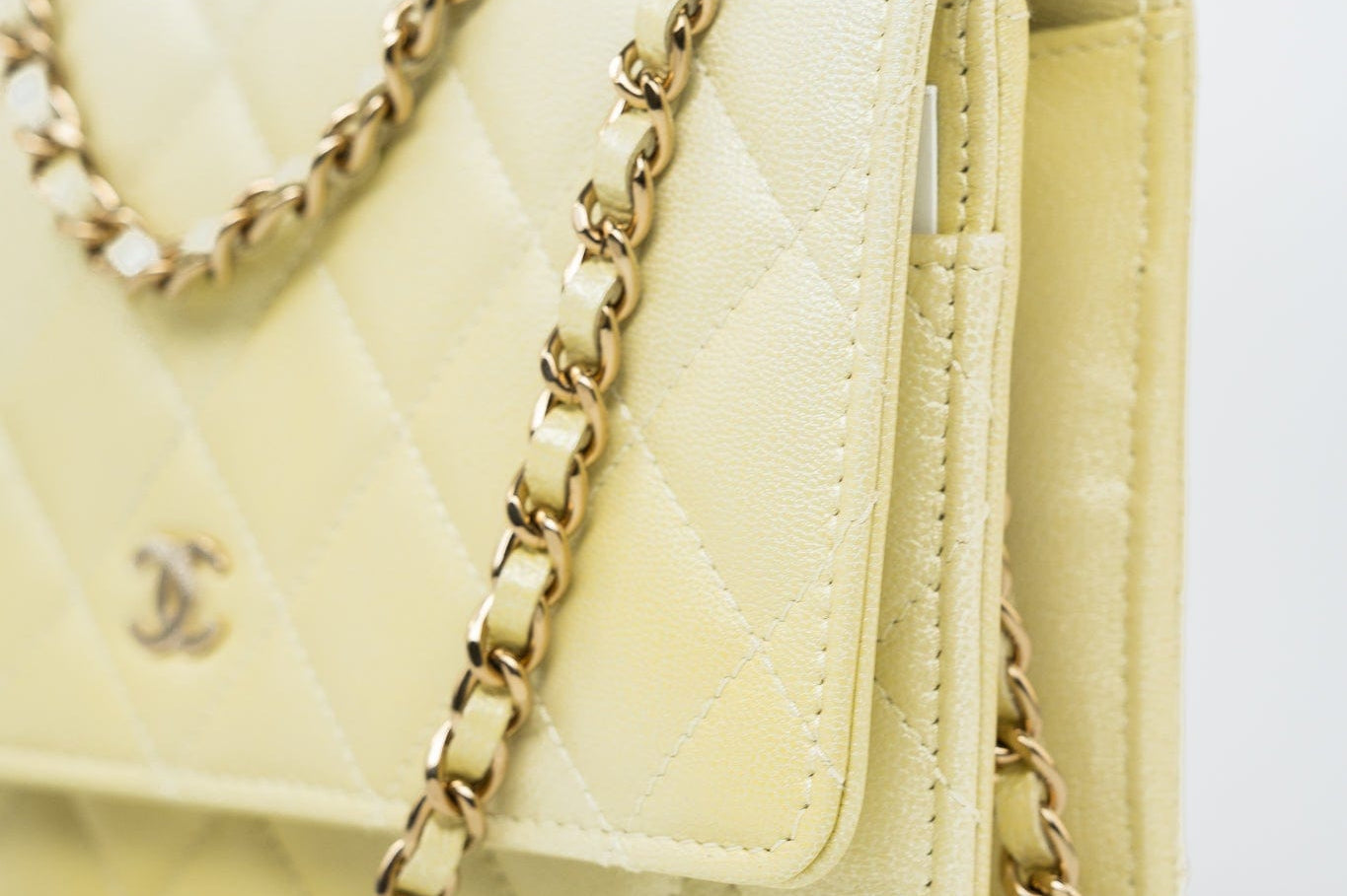 CHANEL Crossbody Yellow 23S Iridescent Yellow Lambskin Quilted Wallet On Chain (WOC) Light Gold Hardware - Redeluxe