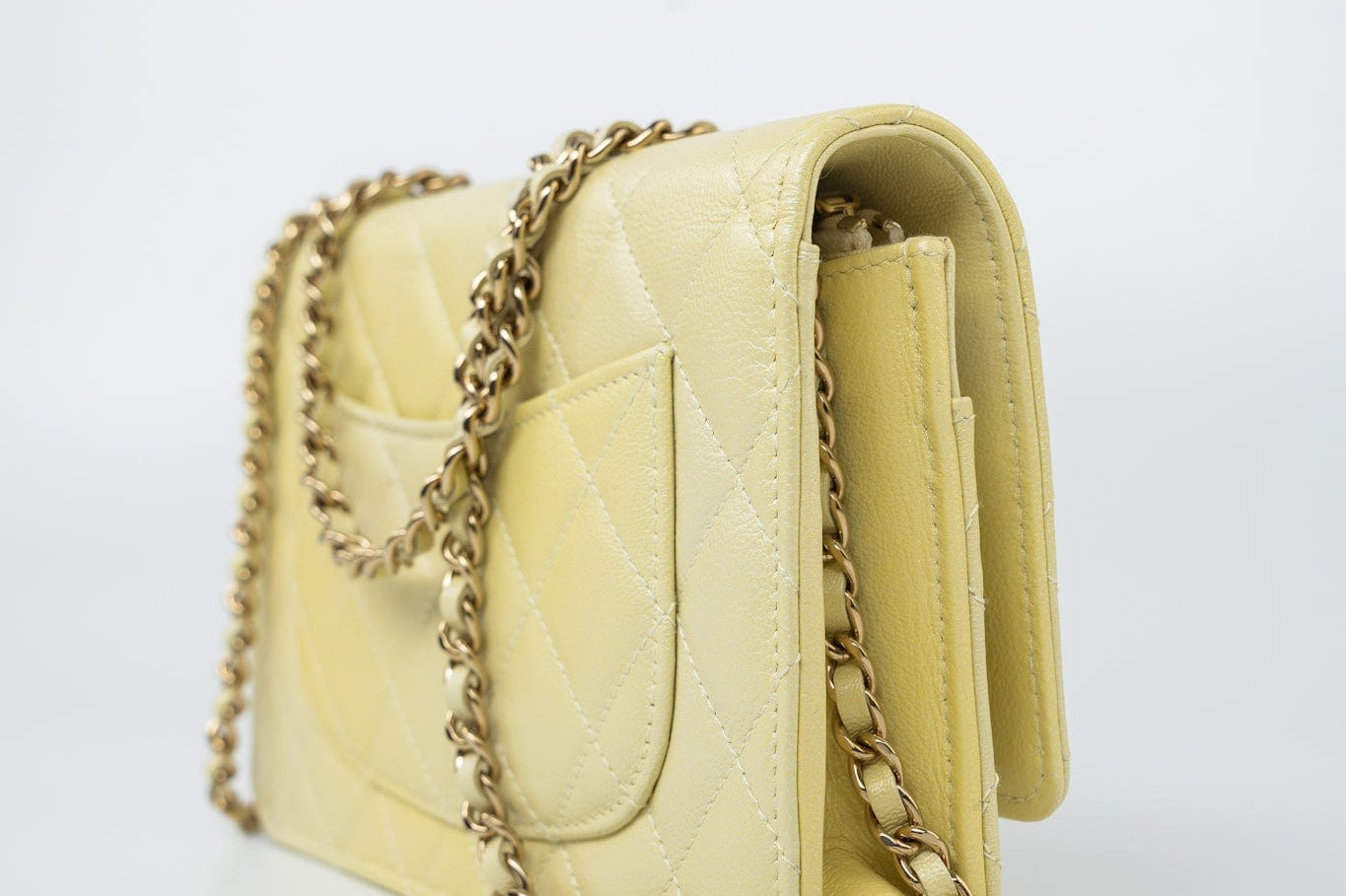 CHANEL Crossbody Yellow 23S Iridescent Yellow Lambskin Quilted Wallet On Chain (WOC) Light Gold Hardware - Redeluxe