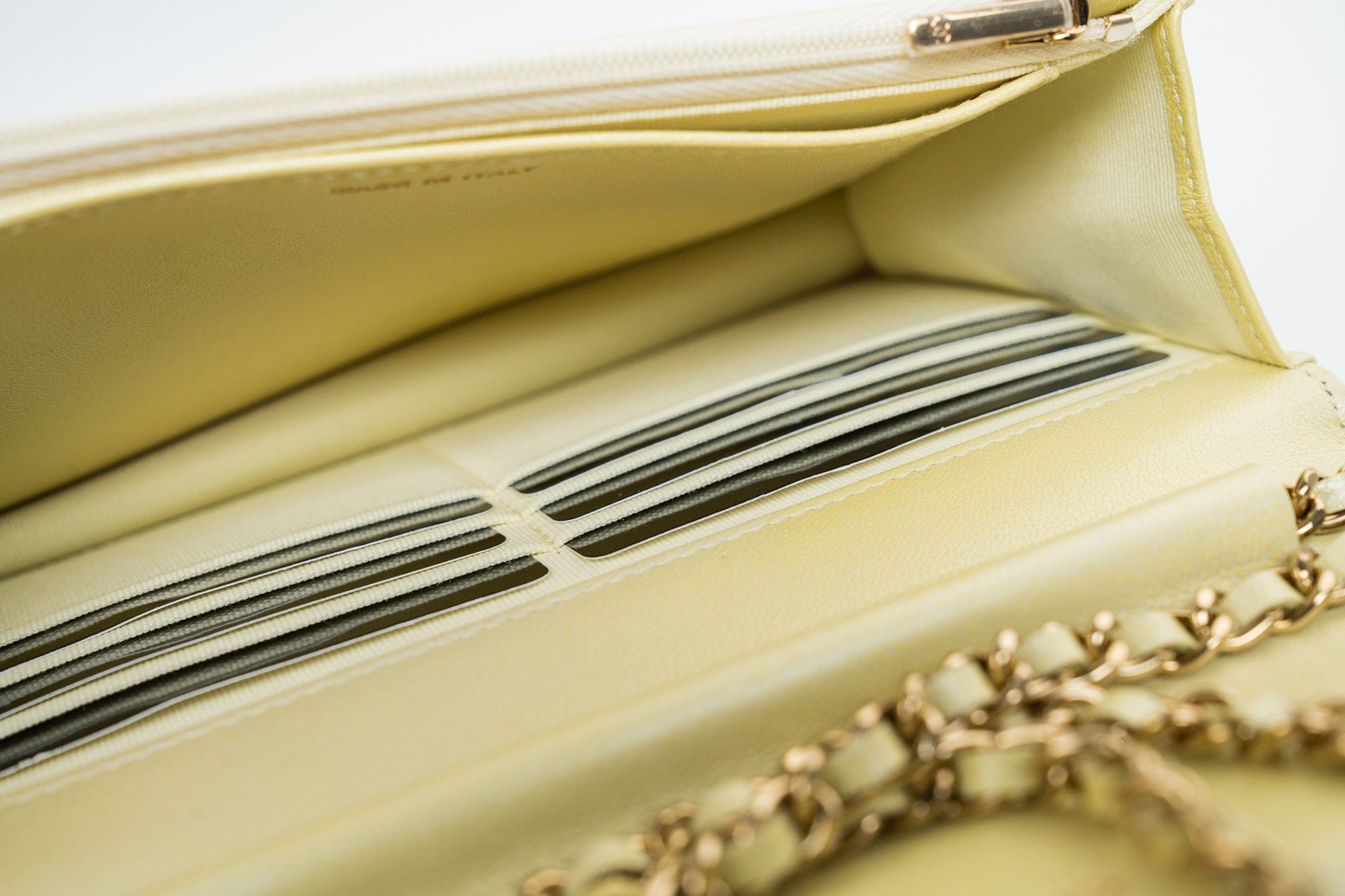 CHANEL Crossbody Yellow 23S Iridescent Yellow Lambskin Quilted Wallet On Chain (WOC) Light Gold Hardware - Redeluxe