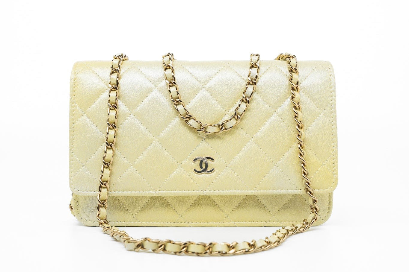 CHANEL Crossbody Yellow 23S Iridescent Yellow Lambskin Quilted Wallet On Chain (WOC) Light Gold Hardware - Redeluxe