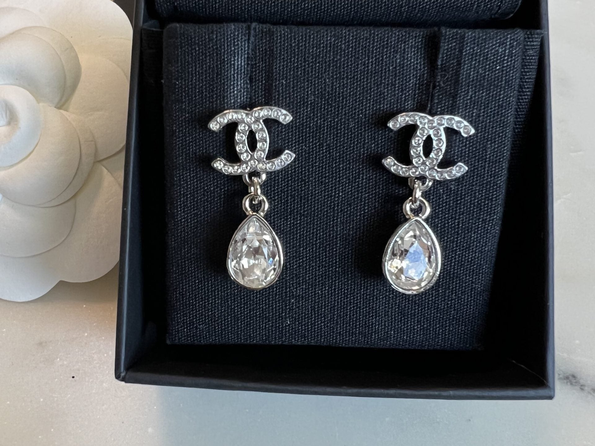 CHANEL Earrings Chanel 21K Silver Crystal Drop Earrings - Redeluxe