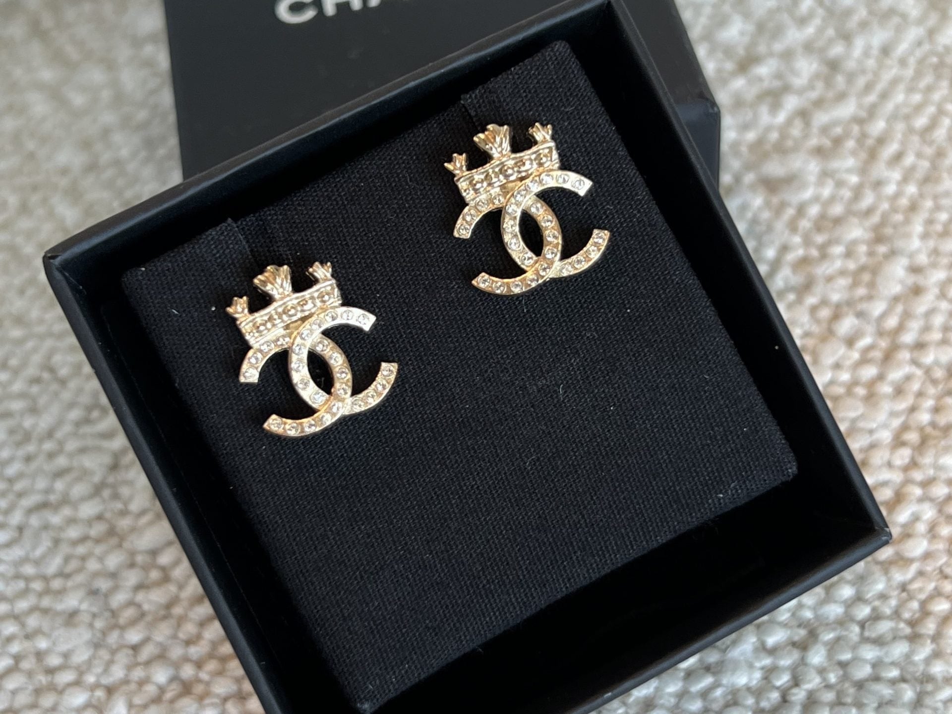 CHANEL Earrings Chanel Crystal CC Crown Gold Earrings - Redeluxe