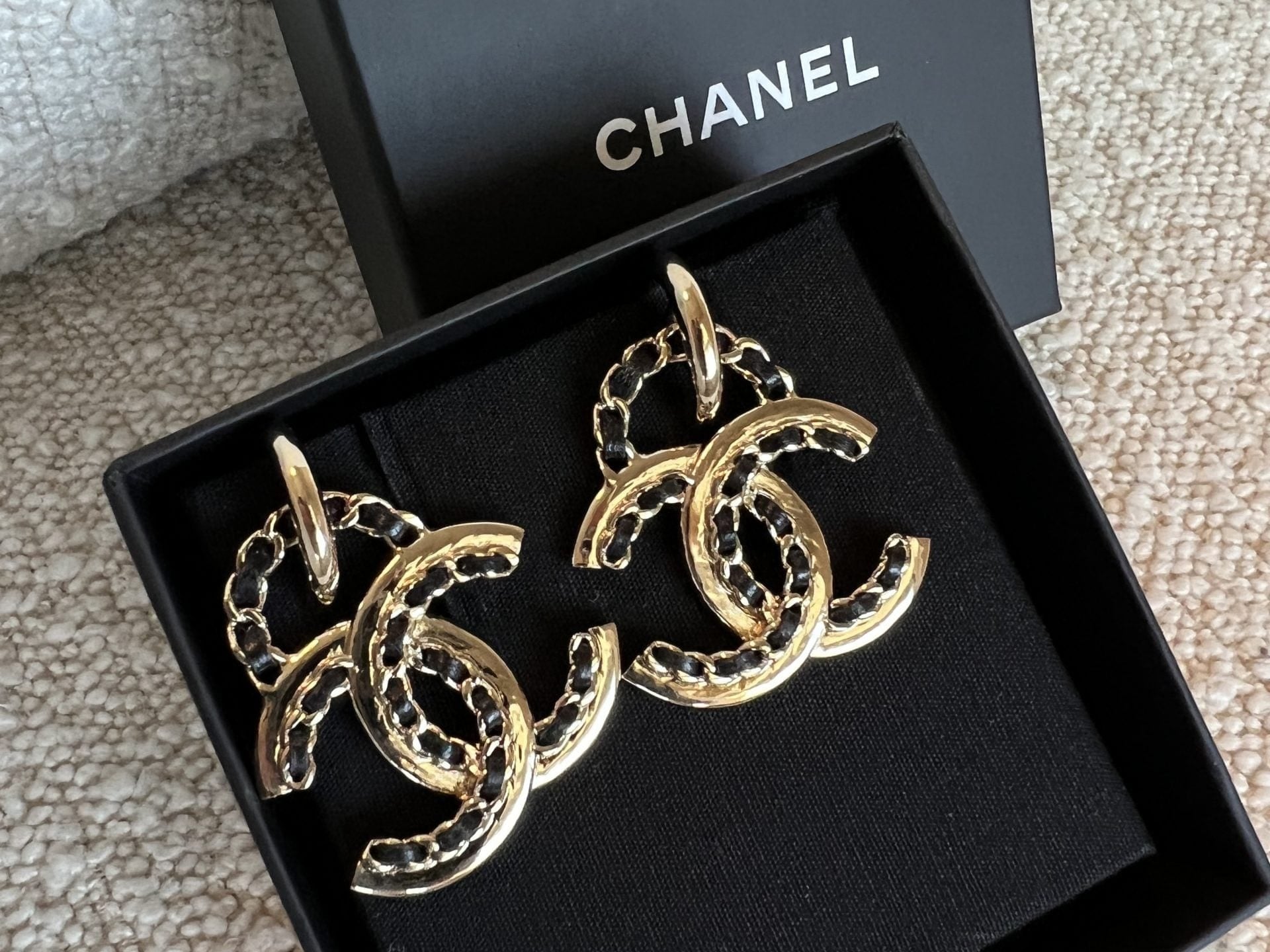 CHANEL Earrings Chanel Gold CC Hook Dangle Earrings - Redeluxe
