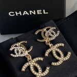 CHANEL Earrings Chanel Triple CC Pearly White Earrings Light Gold and Silver - Redeluxe