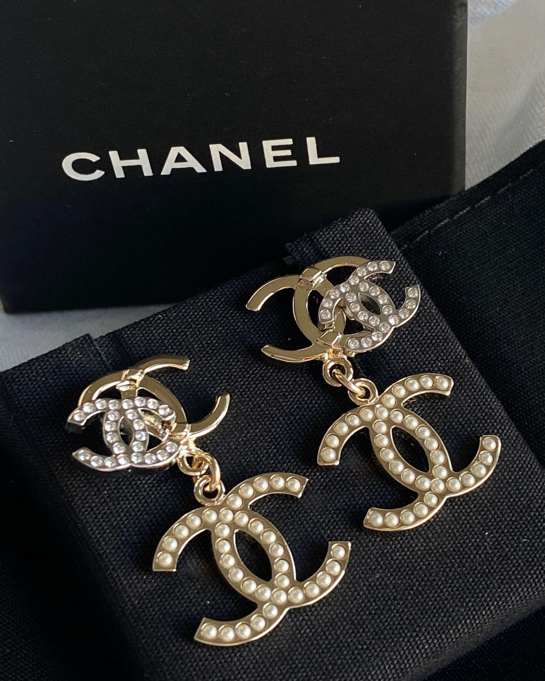 CHANEL Earrings Chanel Triple CC Pearly White Earrings Light Gold and Silver - Redeluxe