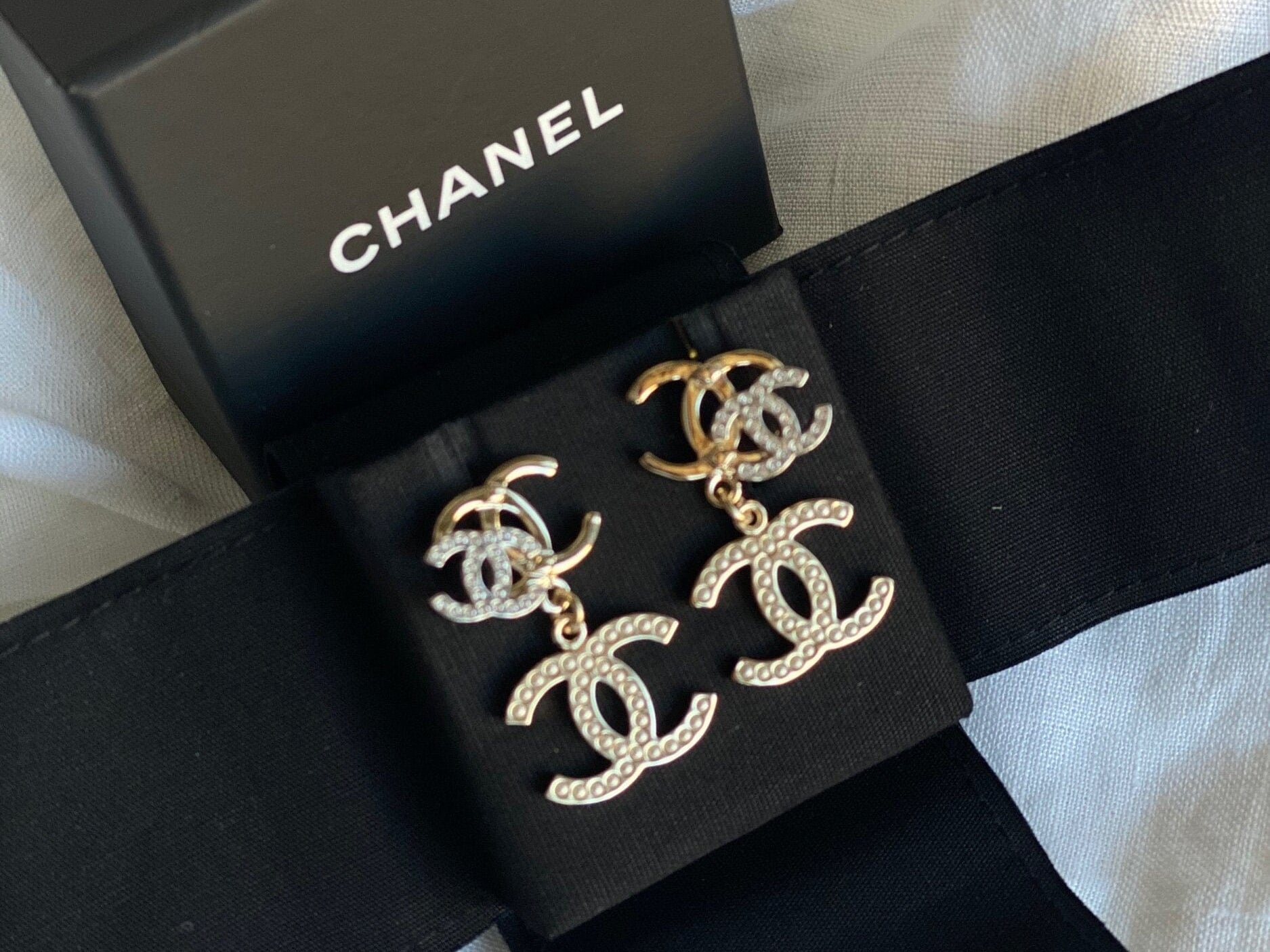 CHANEL Earrings Chanel Triple CC Pearly White Earrings Light Gold and Silver - Redeluxe