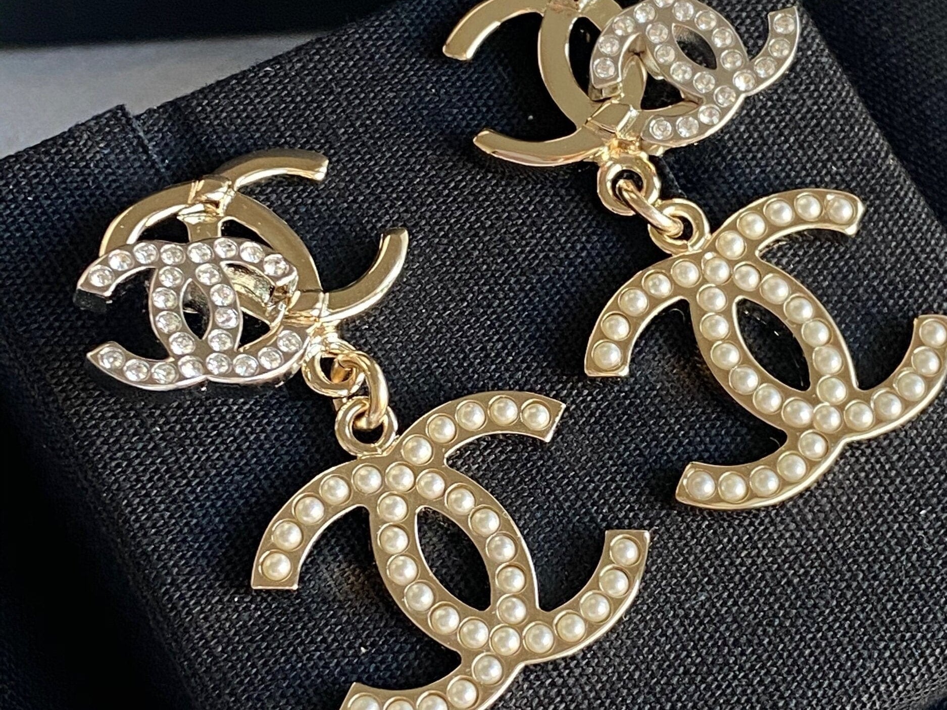 CHANEL Earrings Chanel Triple CC Pearly White Earrings Light Gold and Silver - Redeluxe