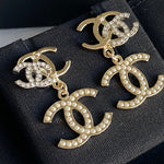 CHANEL Earrings Chanel Triple CC Pearly White Earrings Light Gold and Silver - Redeluxe