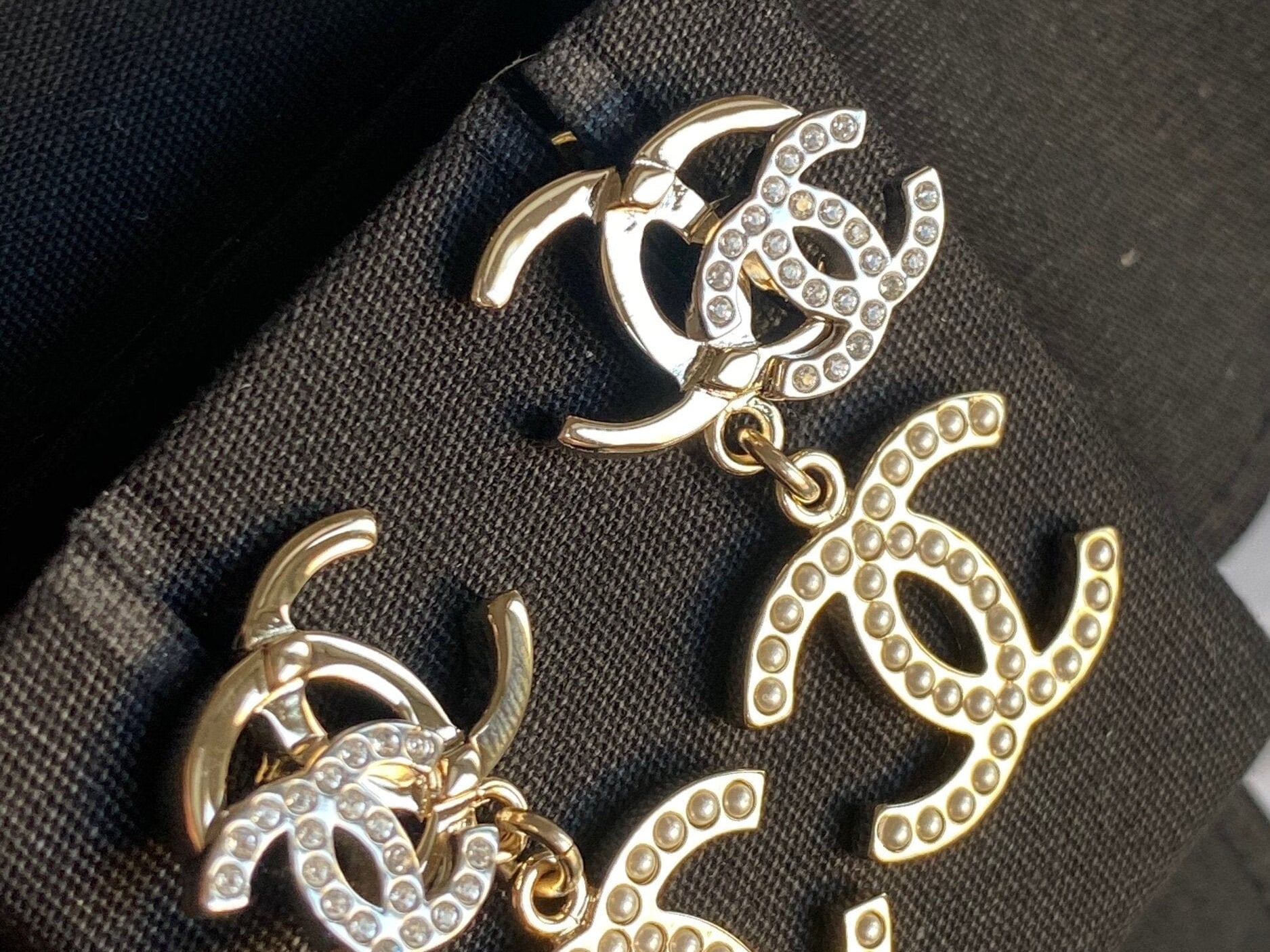 CHANEL Earrings Chanel Triple CC Pearly White Earrings Light Gold and Silver - Redeluxe