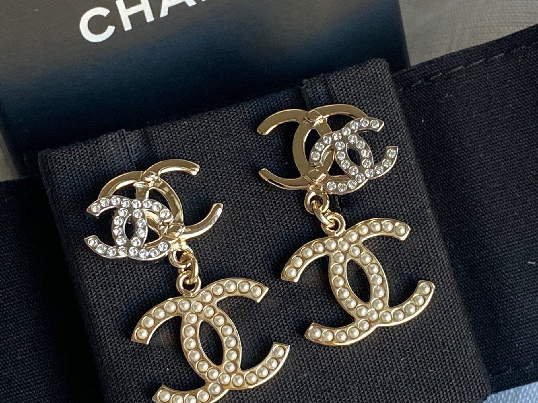 CHANEL Earrings Chanel Triple CC Pearly White Earrings Light Gold and Silver - Redeluxe