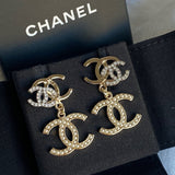 CHANEL Earrings Chanel Triple CC Pearly White Earrings Light Gold and Silver - Redeluxe
