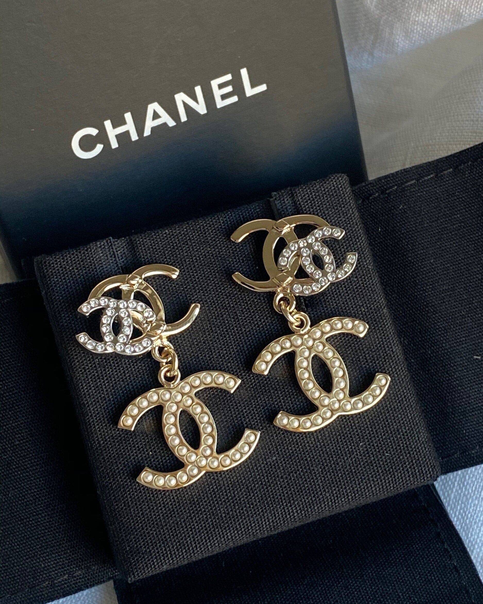 CHANEL Earrings Chanel Triple CC Pearly White Earrings Light Gold and Silver - Redeluxe
