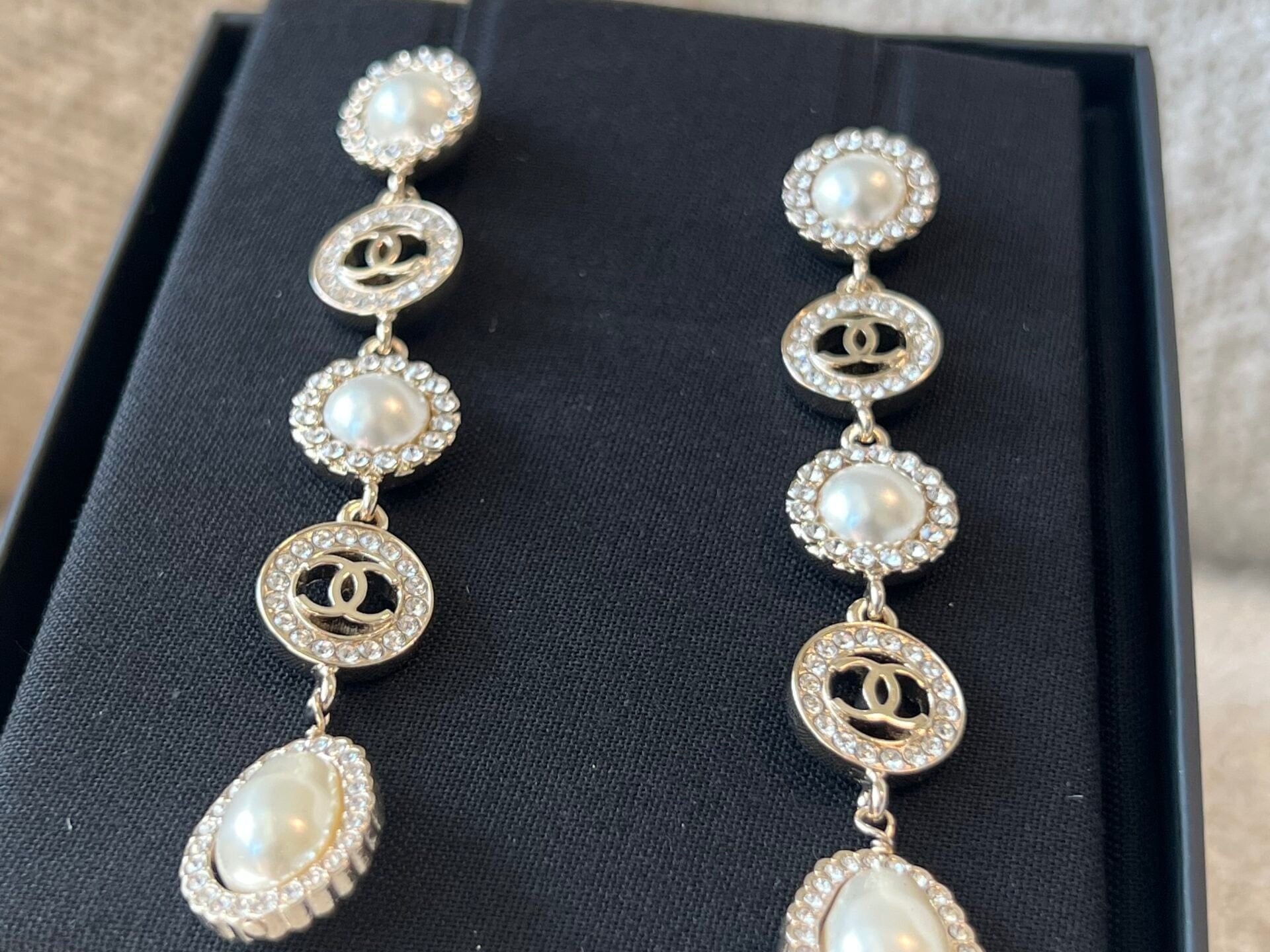 CHANEL Earrings Crystal & Pearl CC Dangle Earrings - Redeluxe