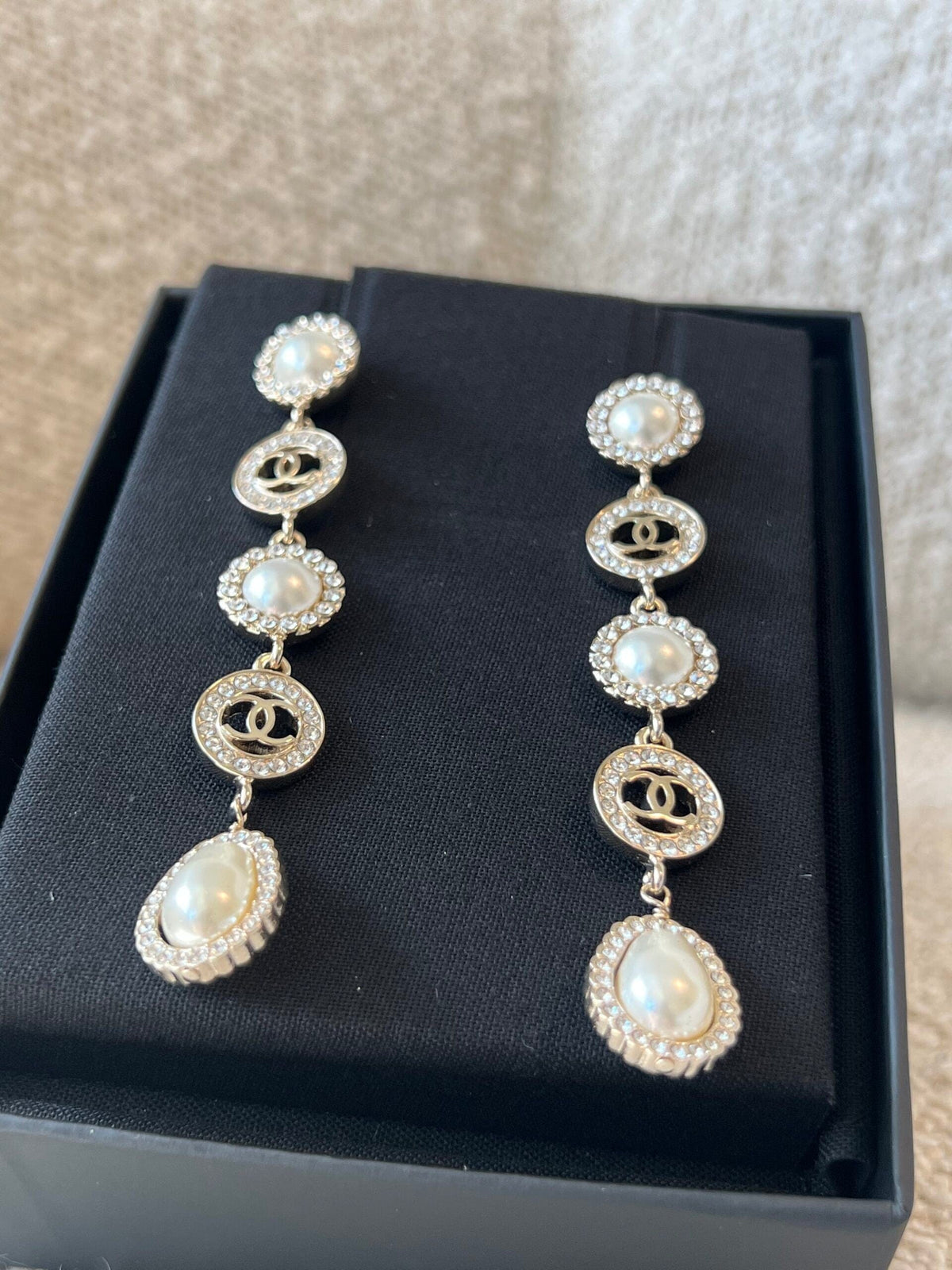 CHANEL Earrings Crystal & Pearl CC Dangle Earrings - Redeluxe