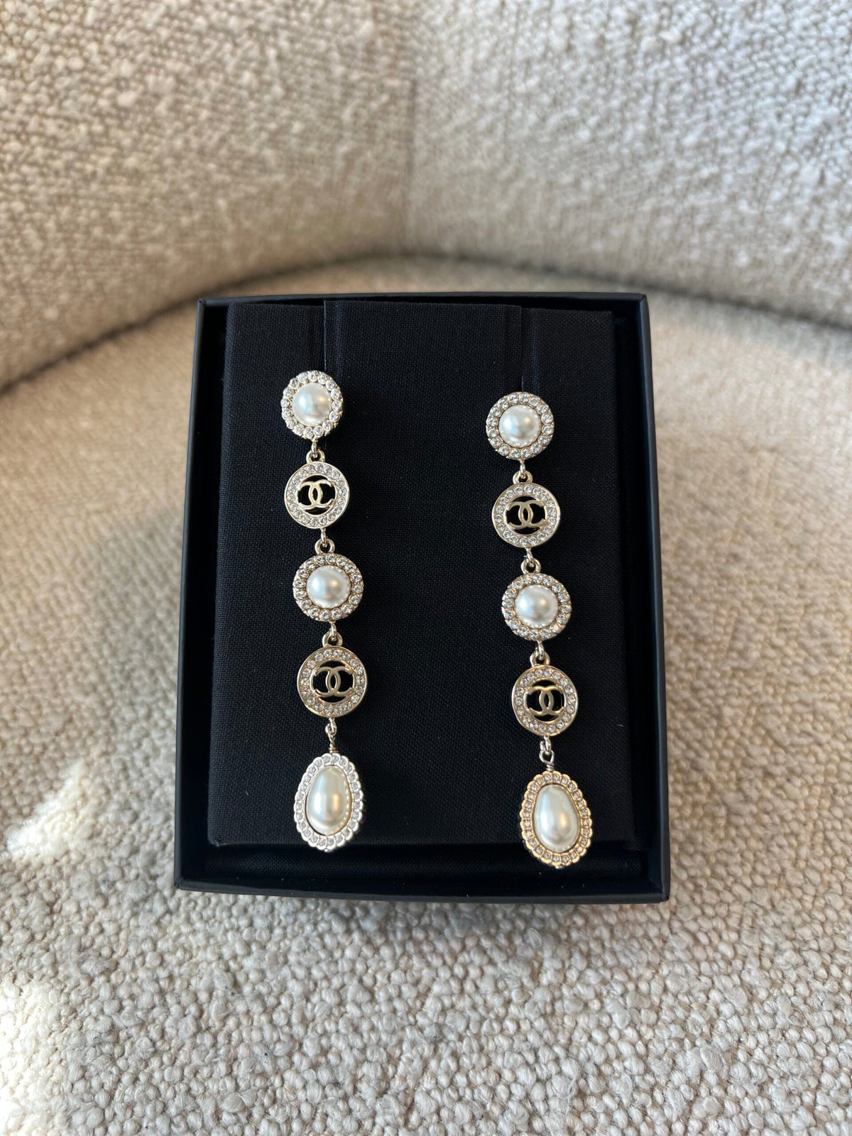 CHANEL Earrings Crystal & Pearl CC Dangle Earrings - Redeluxe