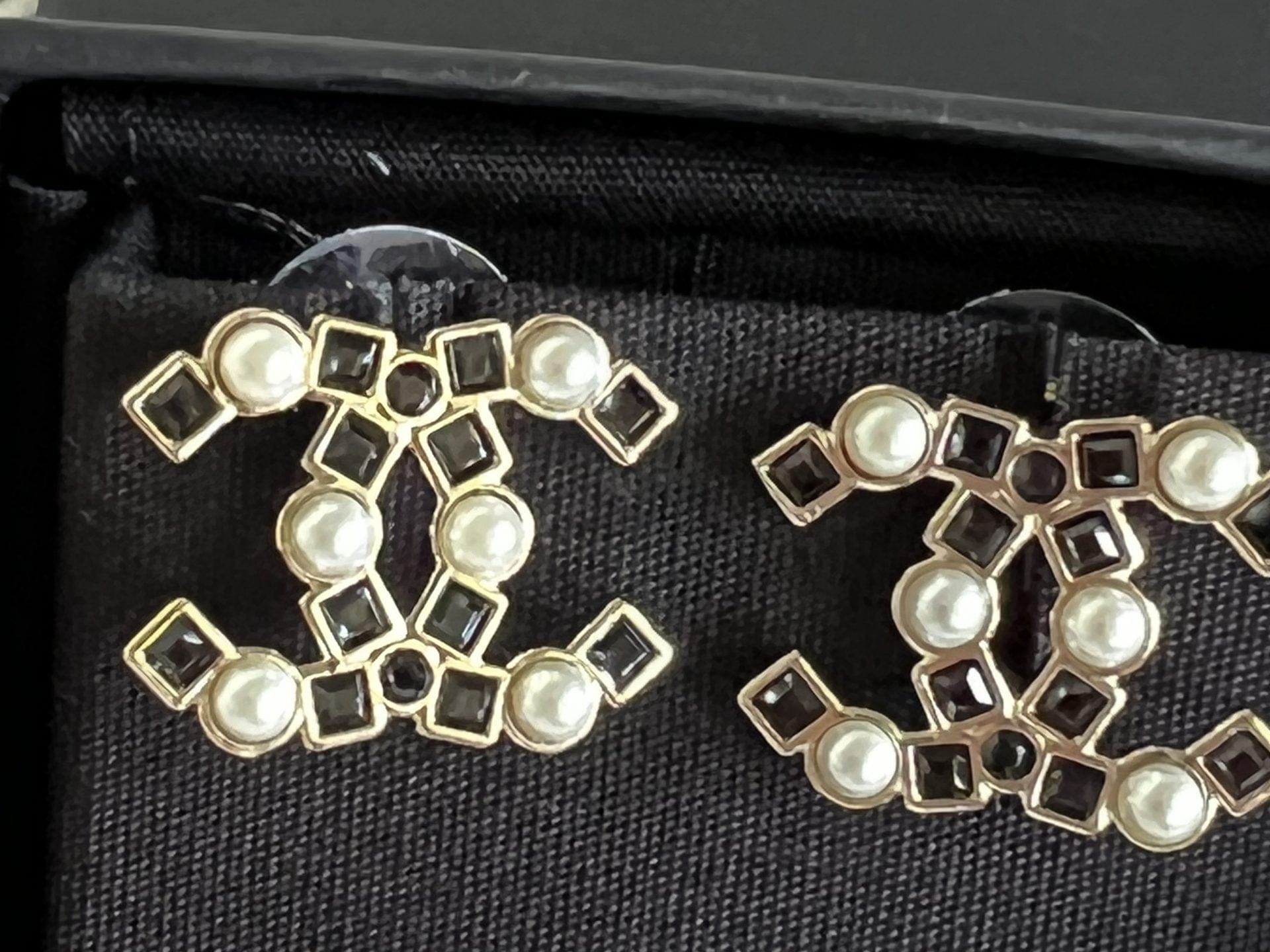 CHANEL Earrings Gold 22P Gold Black Crystal Pearl Earrings - Redeluxe