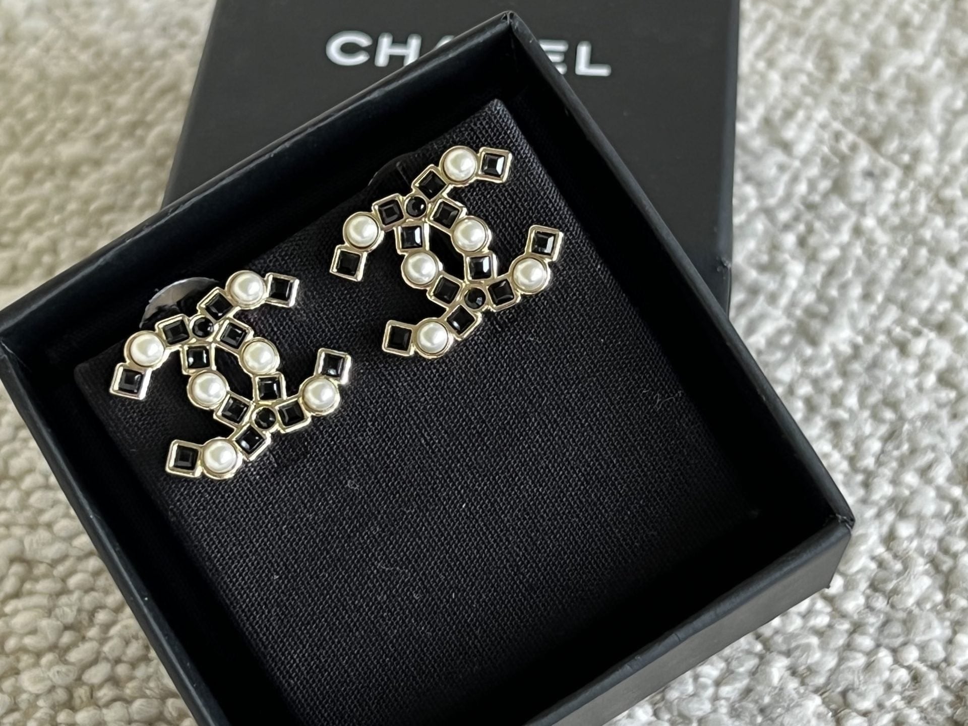 CHANEL Earrings Gold 22P Gold Black Crystal Pearl Earrings - Redeluxe