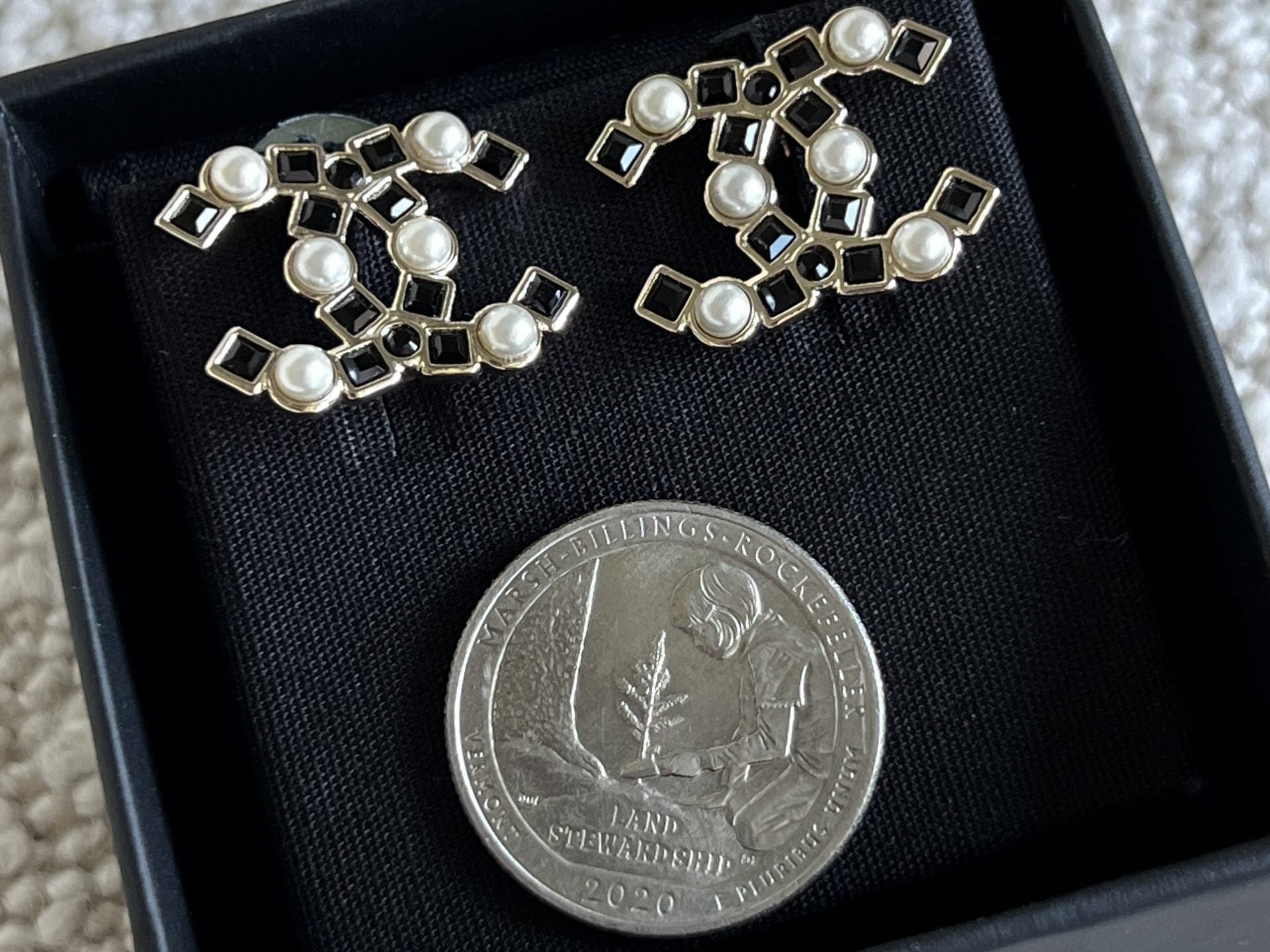 CHANEL Earrings Gold 22P Gold Black Crystal Pearl Earrings - Redeluxe
