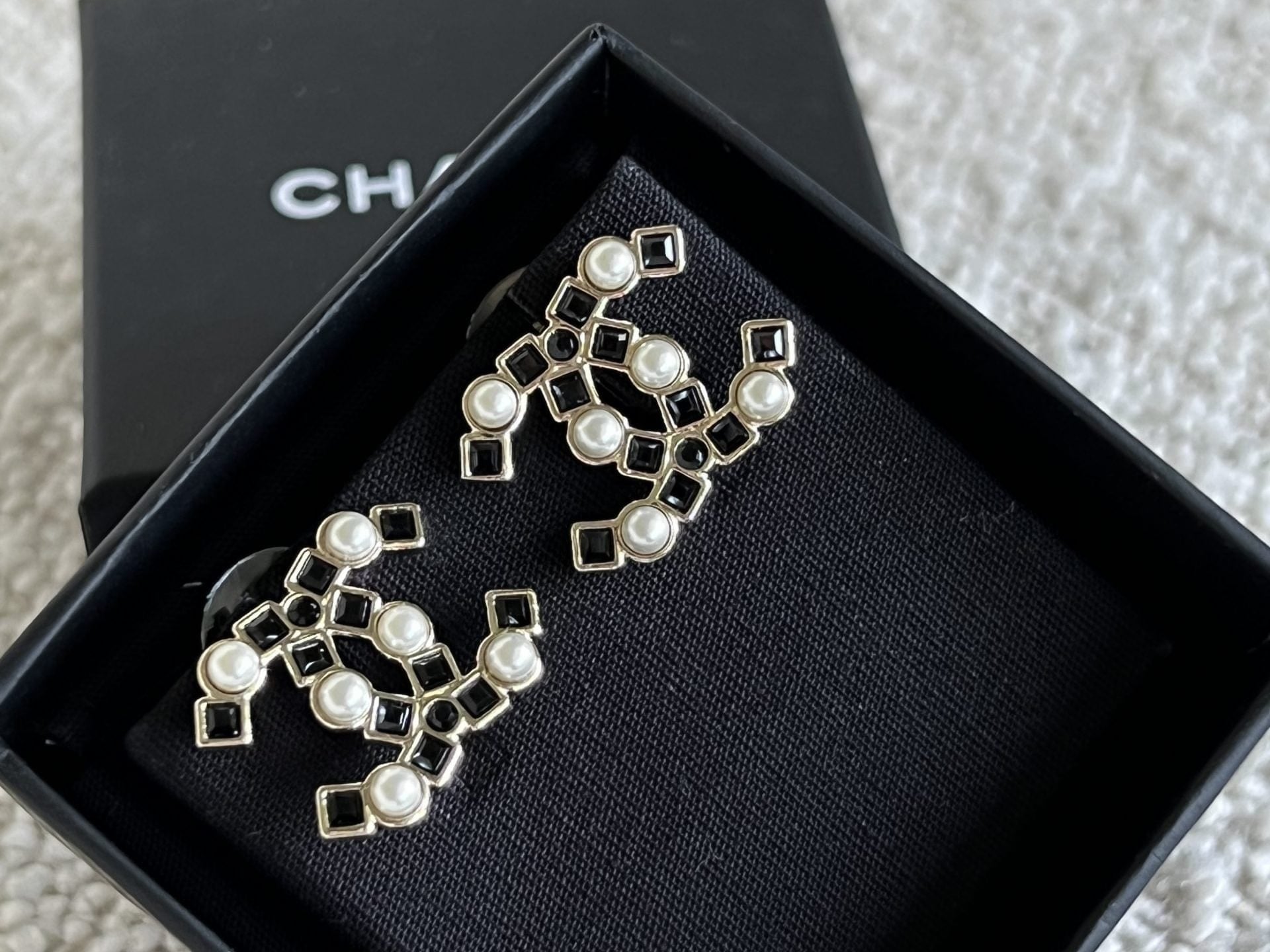 CHANEL Earrings Gold 22P Gold Black Crystal Pearl Earrings - Redeluxe