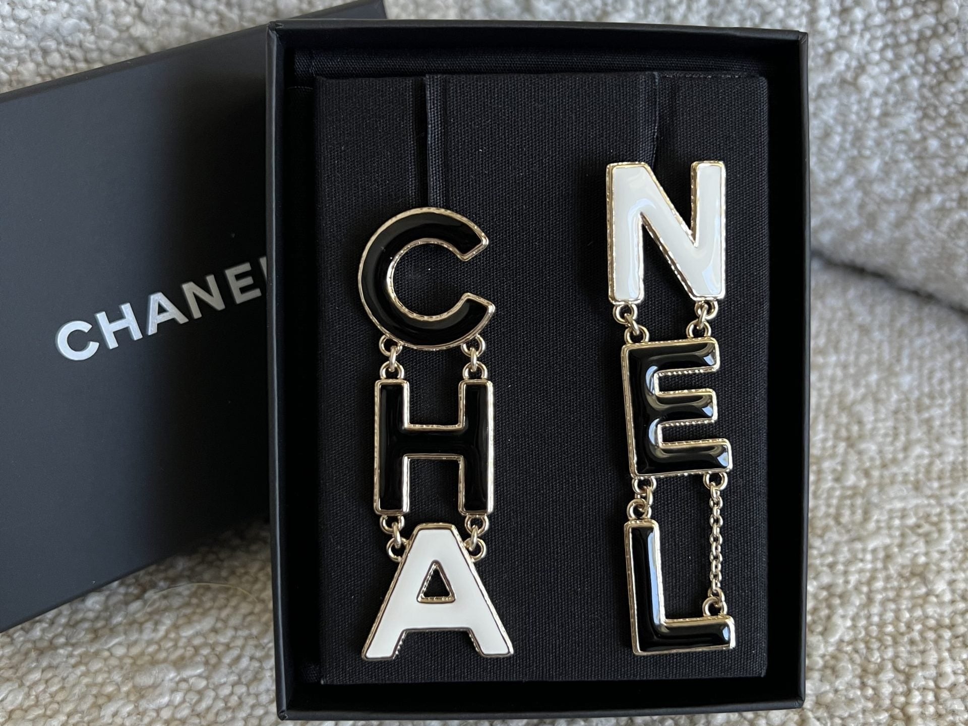 CHANEL Earrings Gold Cha-nel  Earrings Black, White and Gold - Redeluxe