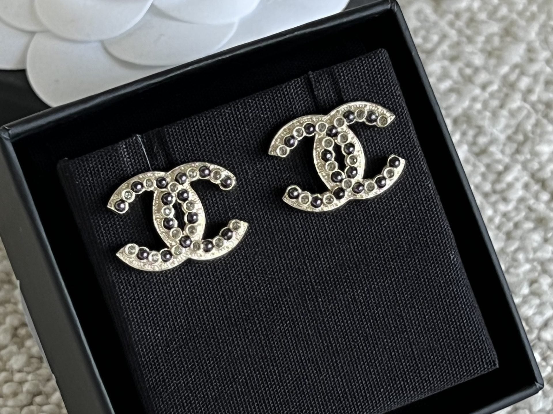 CHANEL Earrings Gold Chanel CC Crystal and Dark Pearl Earrings - Redeluxe