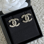 CHANEL Earrings Gold Chanel CC Crystal and Dark Pearl Earrings - Redeluxe