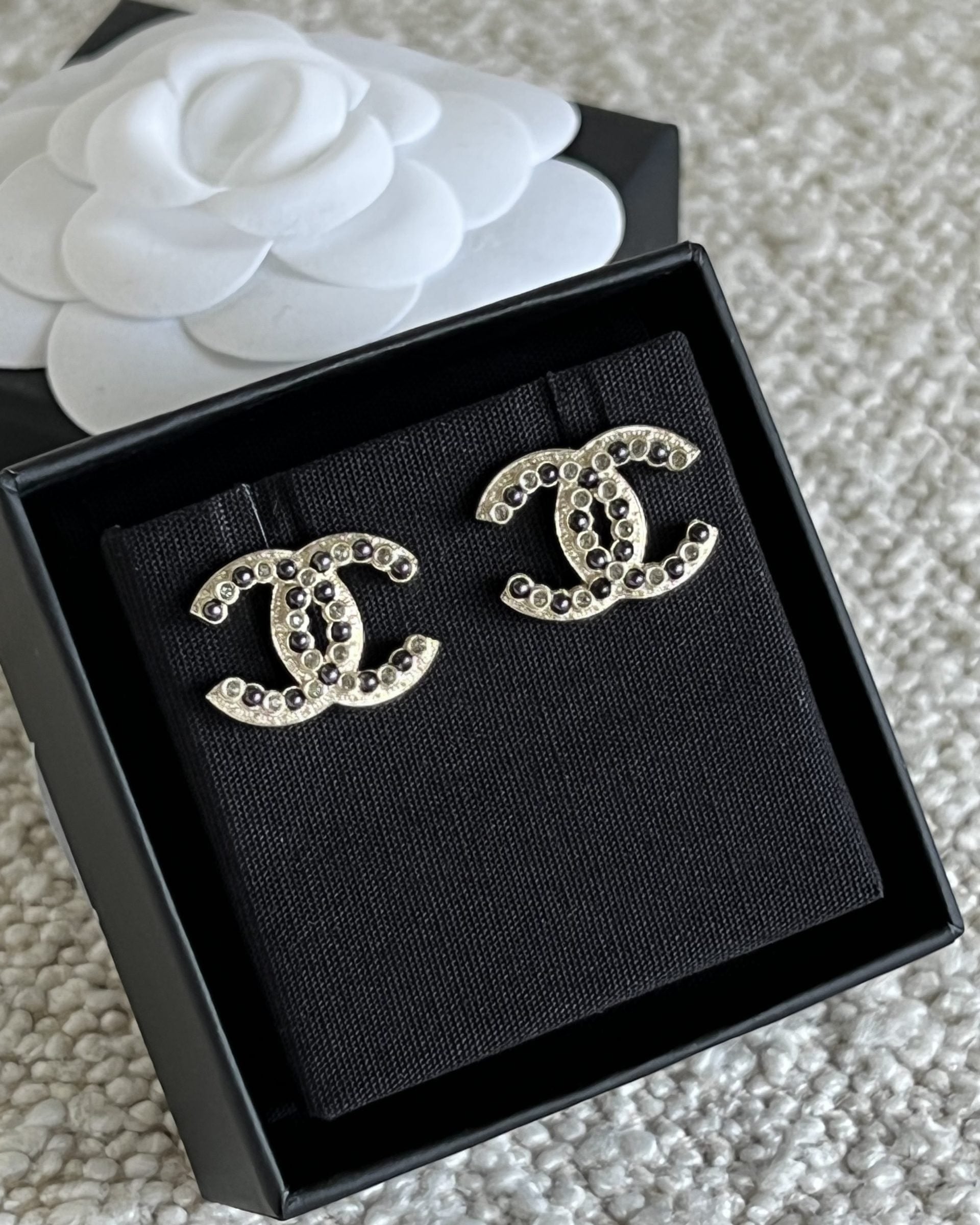 CHANEL Earrings Gold Chanel CC Crystal and Dark Pearl Earrings - Redeluxe